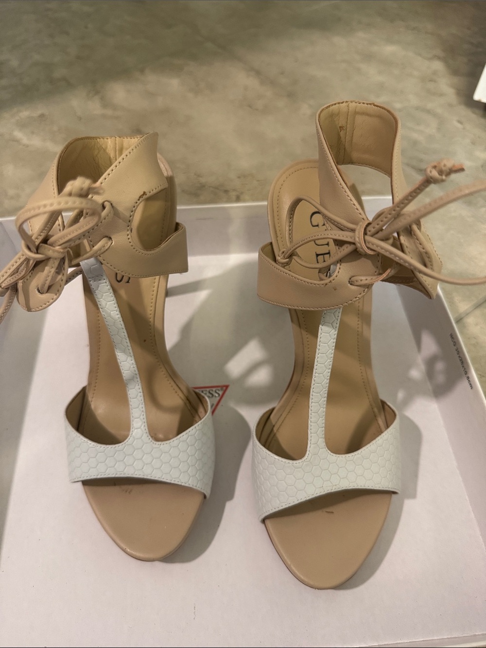Guess Nude and White T-Strap Lace-Up Heels